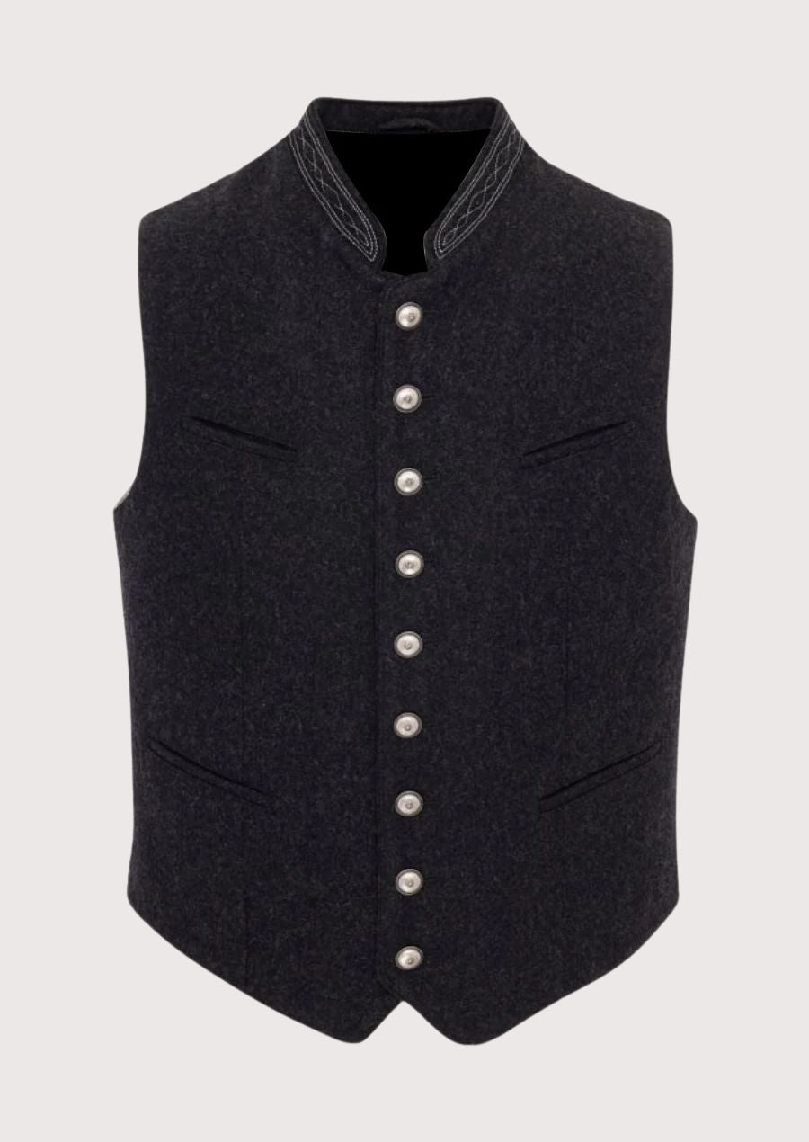 Classic Trachten Vest for Men in dark grey with silver-tone buttons, perfect for Oktoberfest and cultural events.