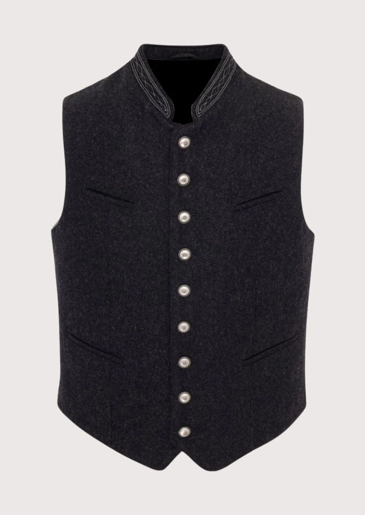 Classic Trachten Vest for Men in dark grey with silver-tone buttons, perfect for Oktoberfest and cultural events.