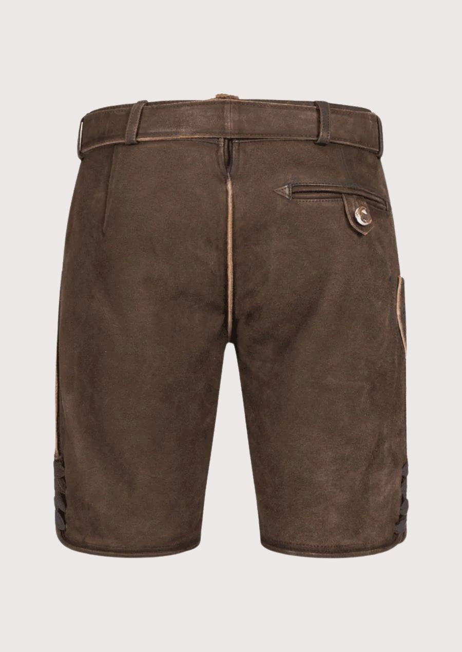 Oktoberfest-ready men’s Lederhosen with sophisticated blue floral embroidery and premium leather.