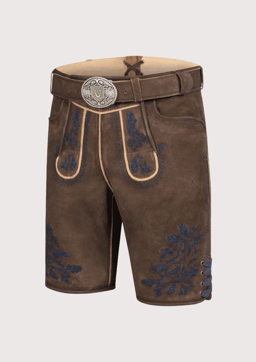 Authentic Bavarian men’s Lederhosen made from high-quality leather with floral embroidery for festivals.
