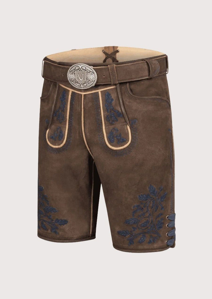 Authentic Bavarian men’s Lederhosen made from high-quality leather with floral embroidery for festivals.