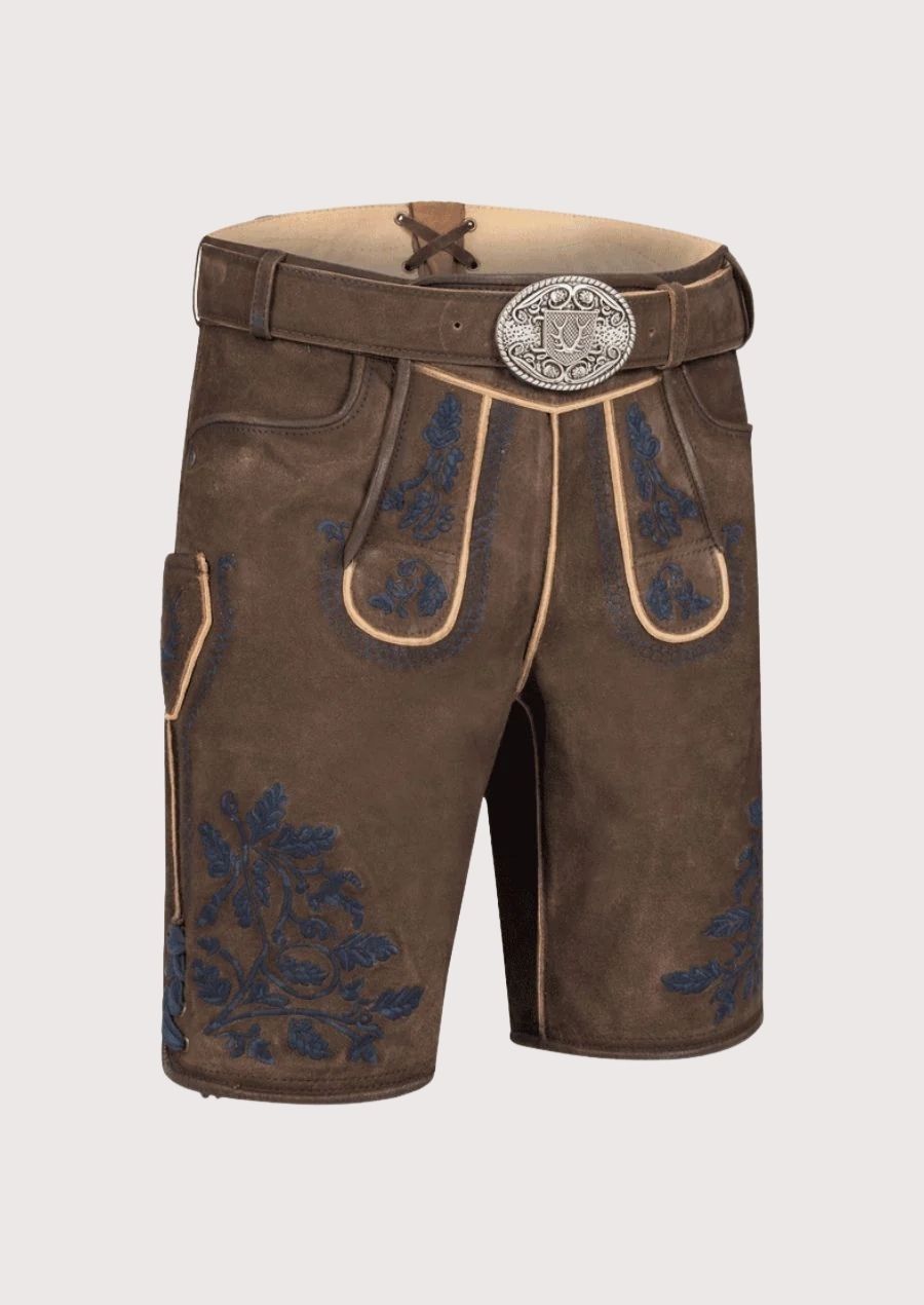 Stylish men’s Lederhosen with detailed blue floral stitching, designed for Oktoberfest and traditional celebrations.