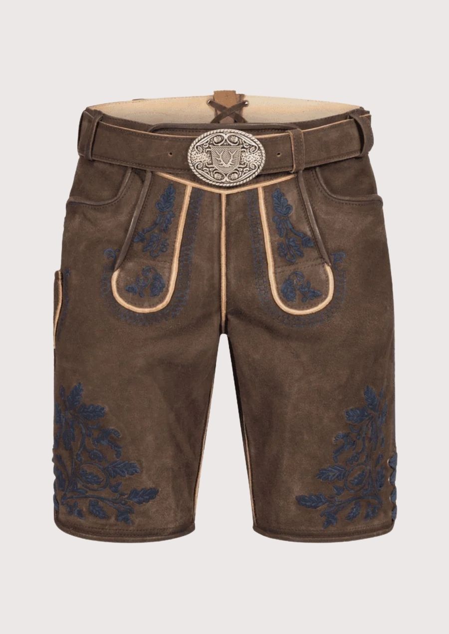 Premium leather men’s Lederhosen with blue floral embroidery, perfect for Oktoberfest and cultural events.