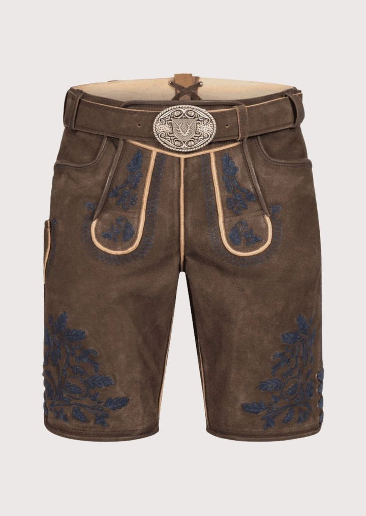 Premium leather men’s Lederhosen with blue floral embroidery, perfect for Oktoberfest and cultural events.