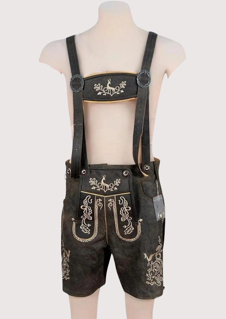 Dark leather lederhosen with suspenders featuring traditional Bavarian embroidery, classic Alpine style, and authentic heritage design.