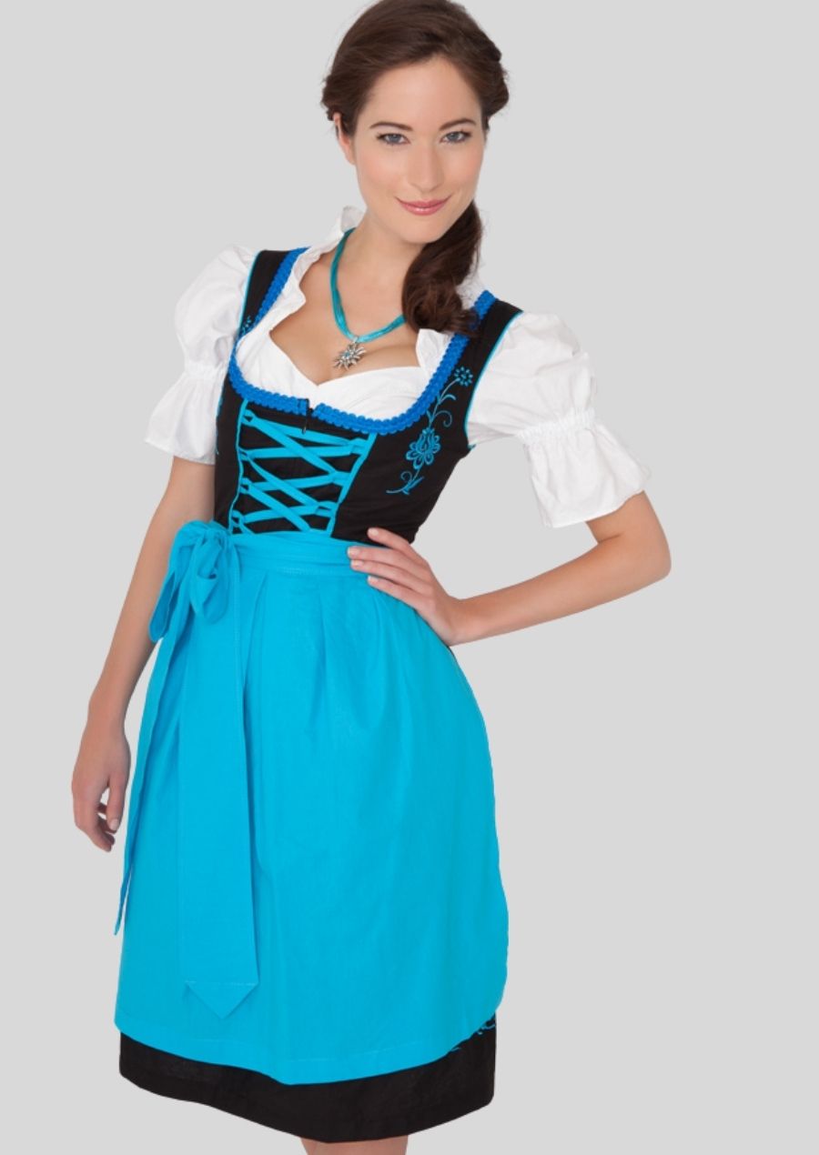 Elegant Floral Embroidery Dirndl – Classic Black with Turquoise Accents