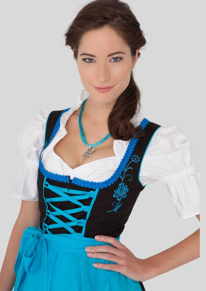 Elegant Floral Embroidery Dirndl – Classic Black with Turquoise Accents