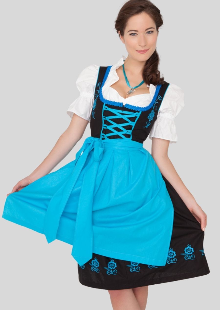 Elegant Floral Embroidery Dirndl – Classic Black with Turquoise Accents