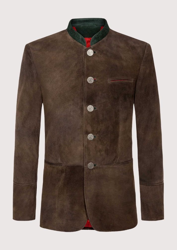 Elegant Men’s Trachten Jacket – Authentic Bavarian Oktoberfest German fashion in brown suede with green collar