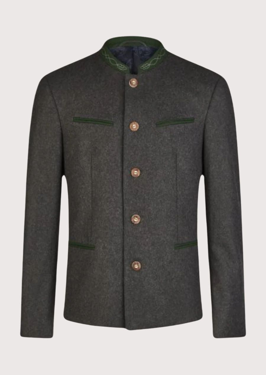 Men’s traditional Bavarian wool jacket with green velvet trim and horn buttons