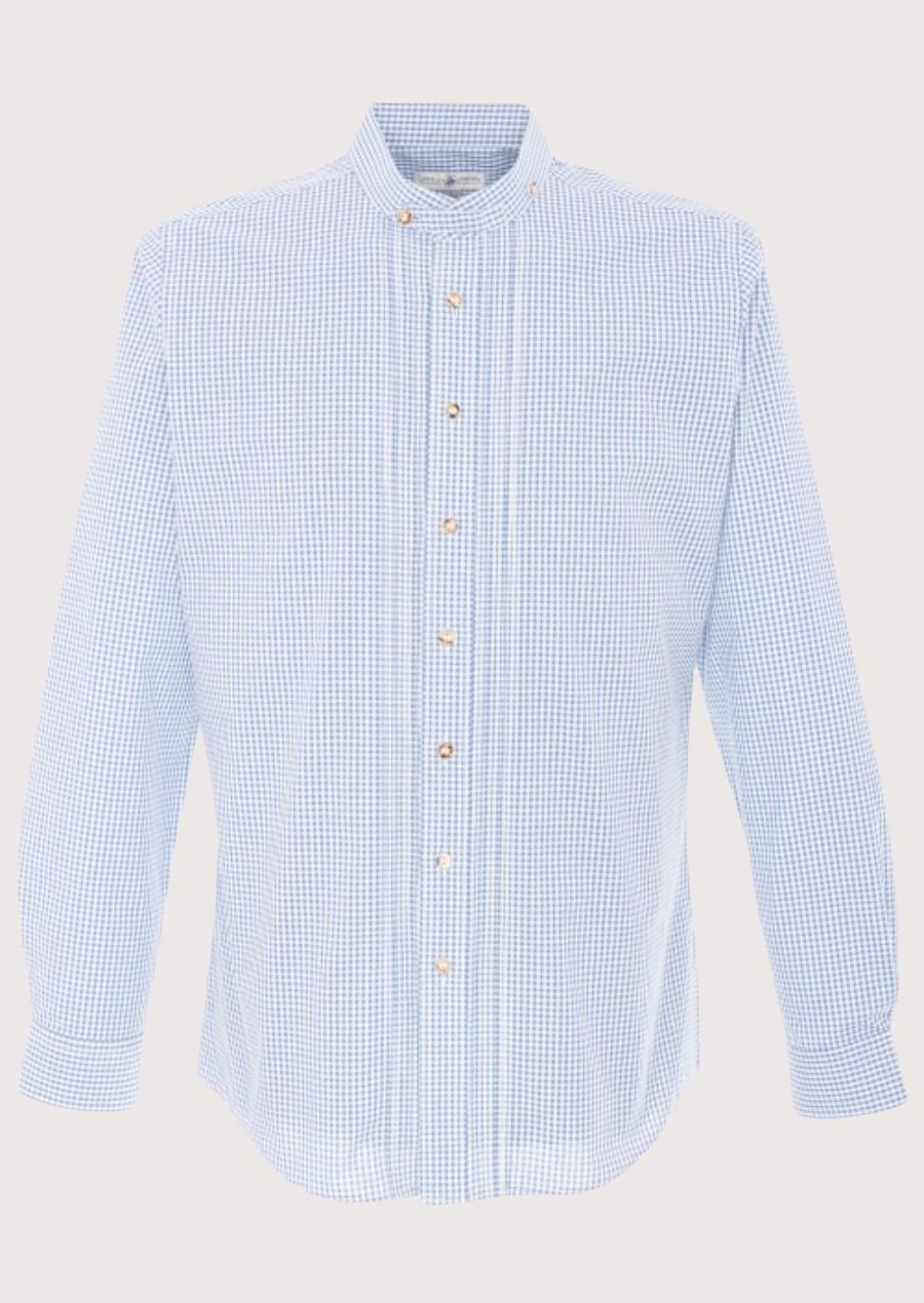 Elegant Trachten Shirt for Men – Blue Gingham Pattern with Mandarin Collar