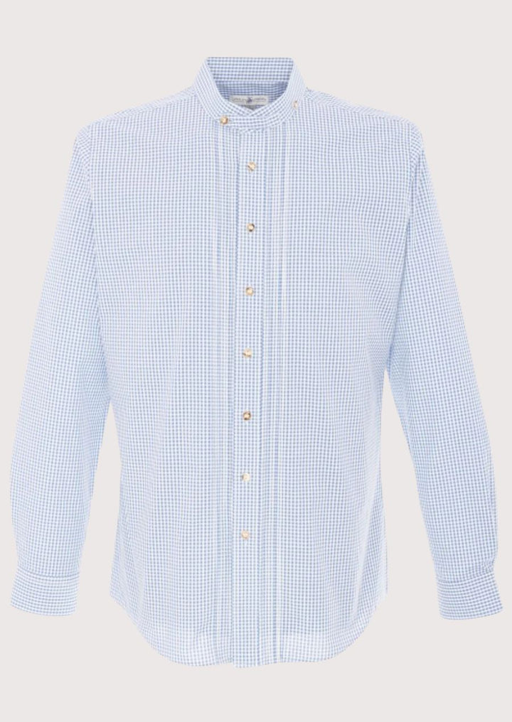 Elegant Trachten Shirt for Men – Blue Gingham Pattern with Mandarin Collar