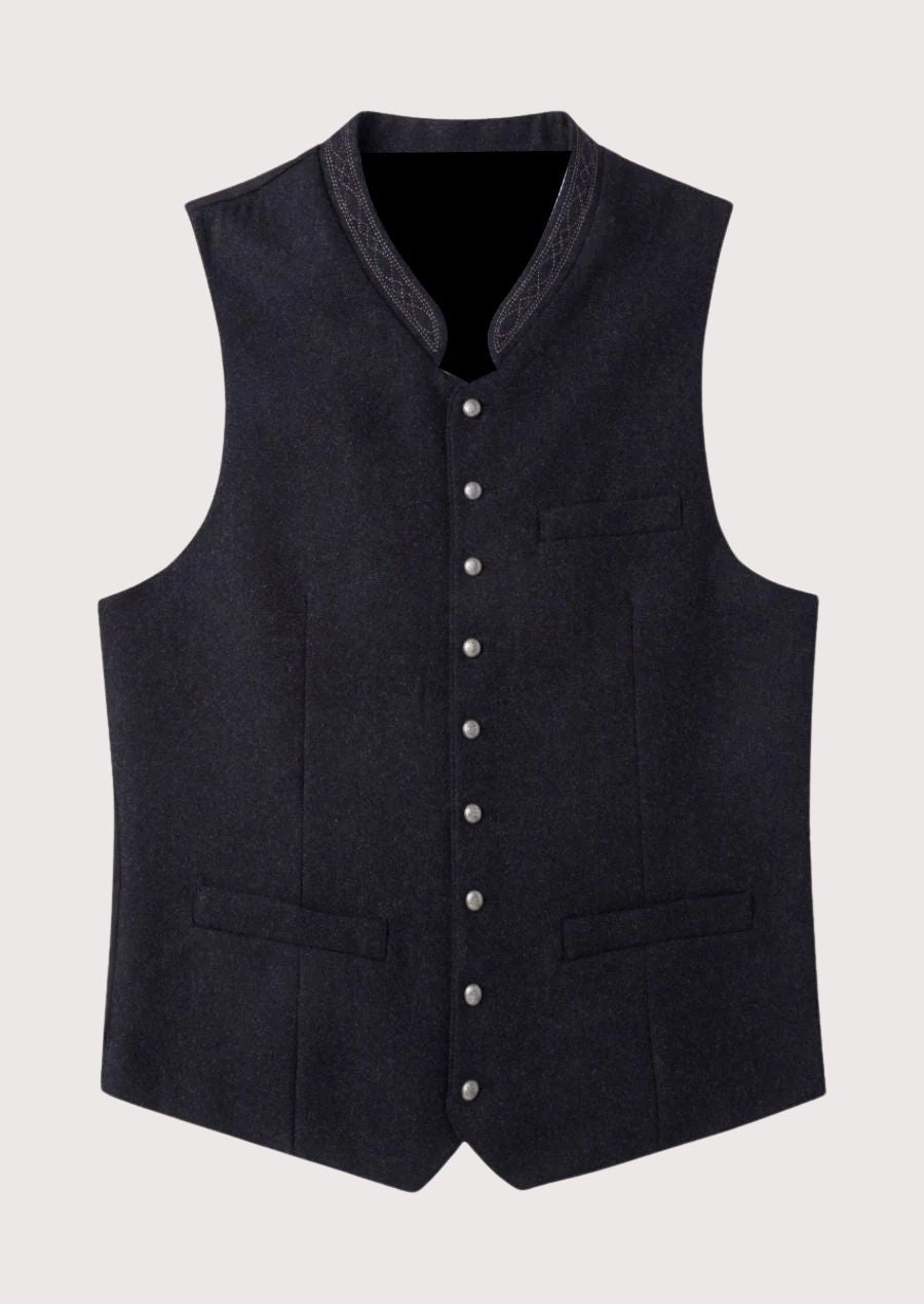 Elegant Trachten Vest for Oktoberfest in dark wool with silver-tone buttons, perfect for Bavarian events and cultural celebrations.