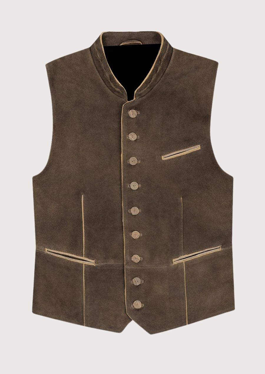 Embroidered Bavarian vest in premium brown suede with heritage design and traditional buttons