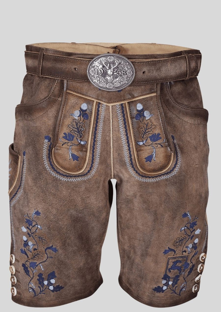 Embroidered Brown Lederhosen with Belt – High-Quality Goat Suede Leather Trousers