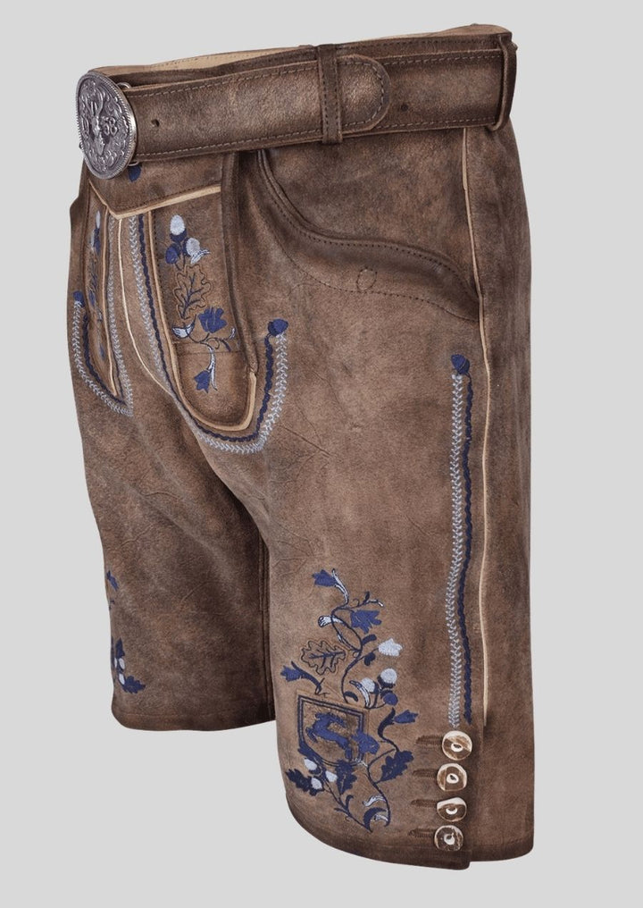 Embroidered Brown Lederhosen with Belt – High-Quality Goat Suede Leather Trousers