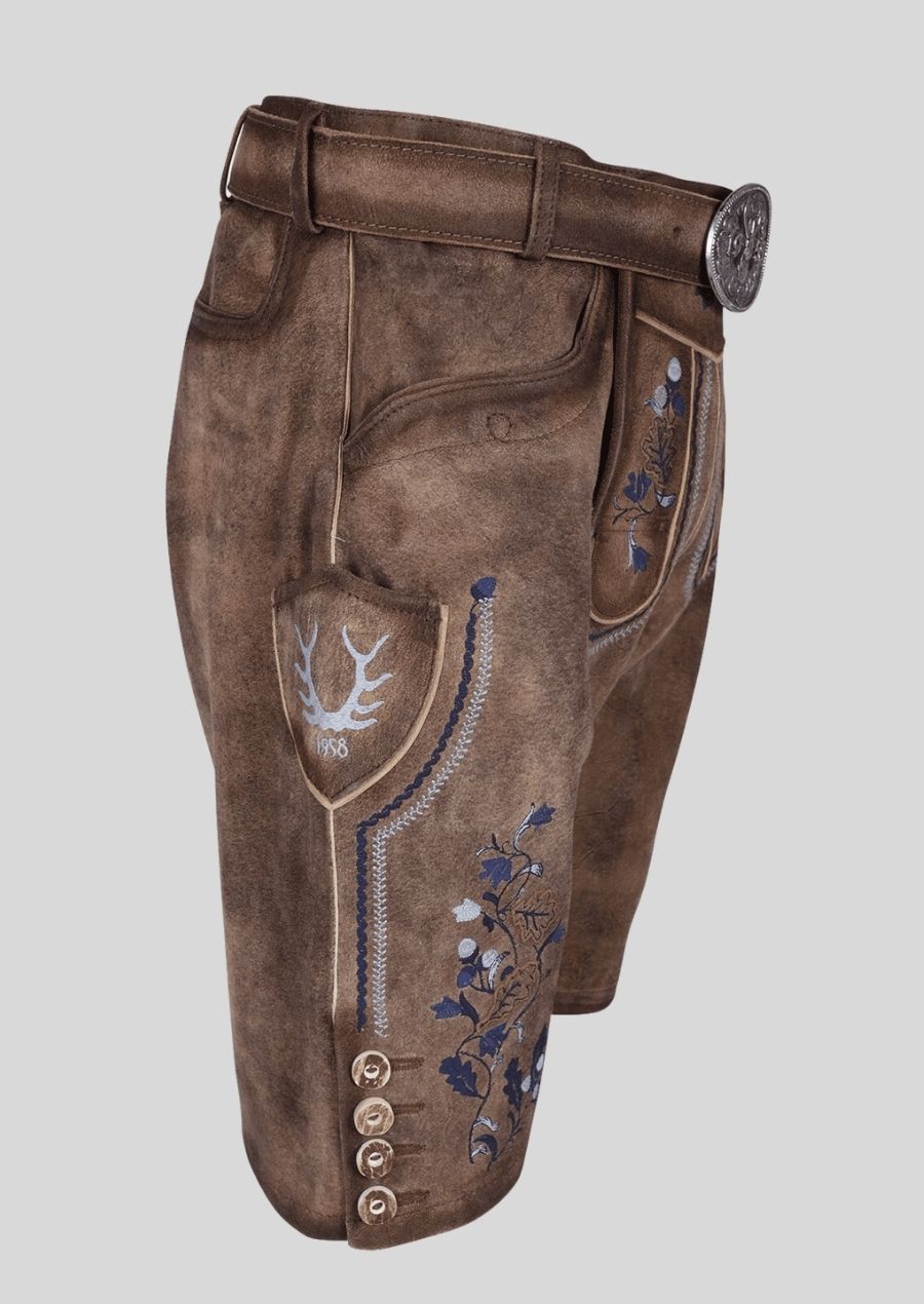 Embroidered Brown Lederhosen with Belt – High-Quality Goat Suede Leather Trousers