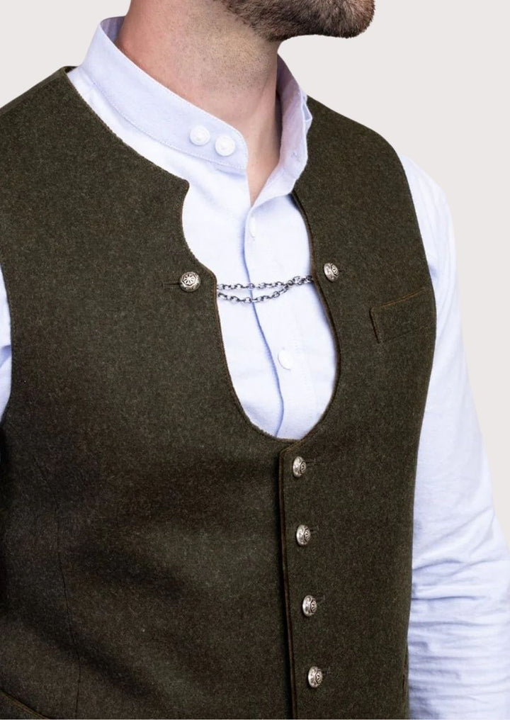 Classic wool Trachten vest with deep neckline and alpine heritage style