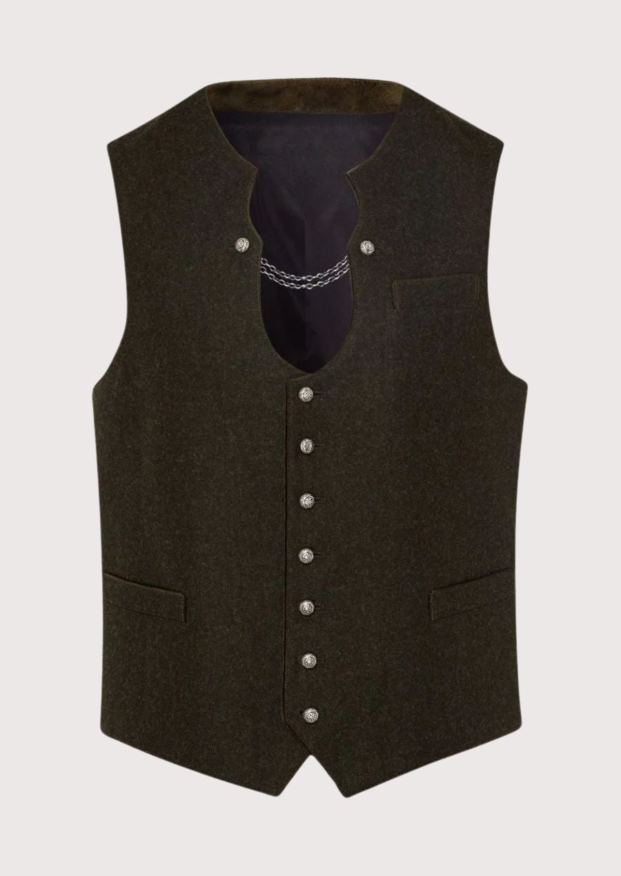 Alpine-inspired embroidered Trachten vest for men in dark brown wool