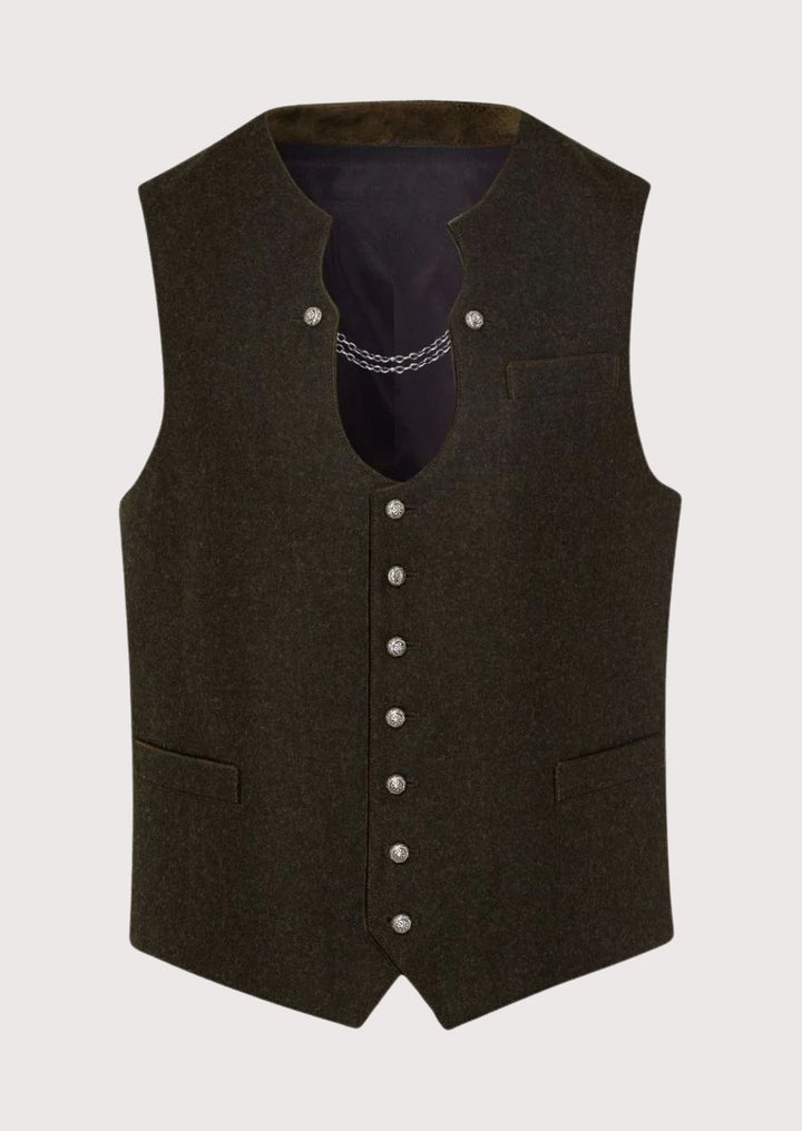 Alpine-inspired embroidered Trachten vest for men in dark brown wool