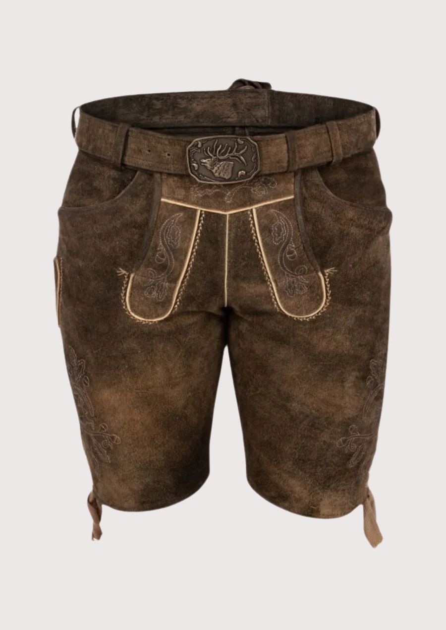 German men’s Lederhosen made from premium leather with traditional floral embroidery for Oktoberfest celebrations.