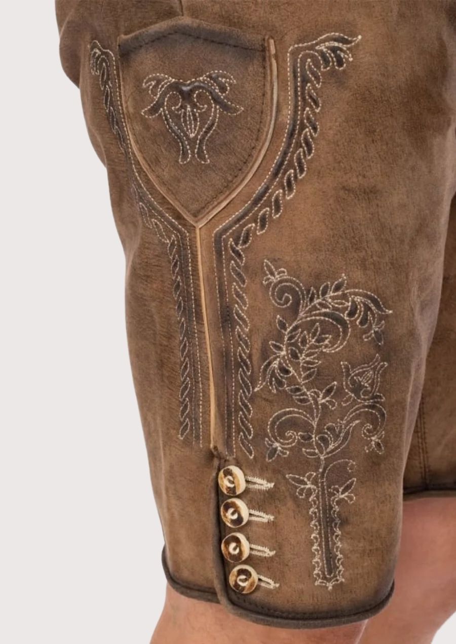 Stylish men's Lederhosen with detailed embroidery and adjustable buckles, perfect for Oktoberfest and other cultural festivities.