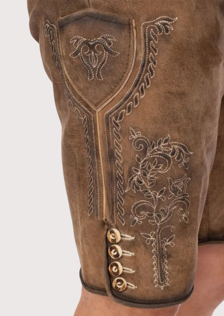 Stylish men's Lederhosen with detailed embroidery and adjustable buckles, perfect for Oktoberfest and other cultural festivities.
