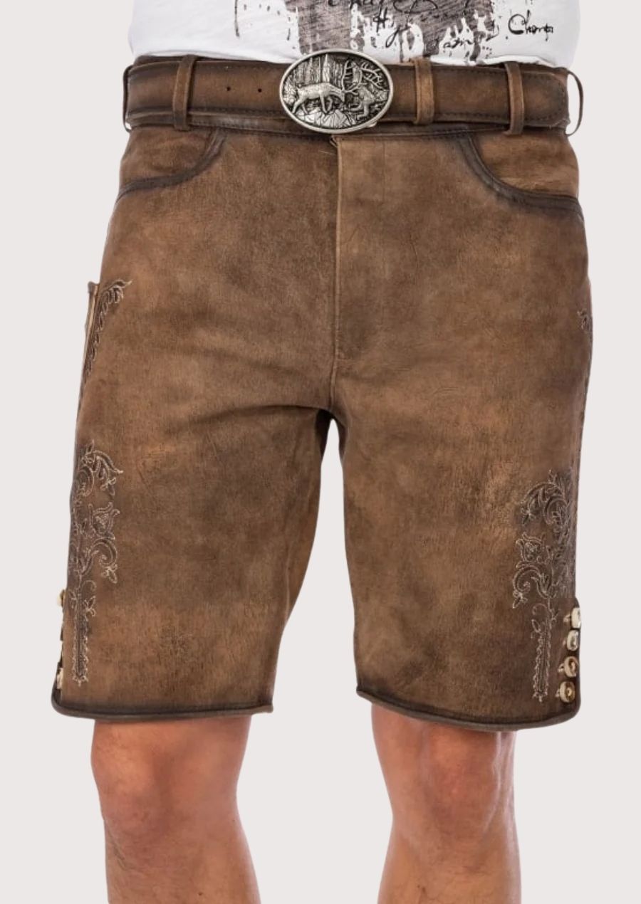 Traditional Bavarian leather shorts for men, featuring floral embroidery and a silver buckle – ideal for Oktoberfest celebrations.