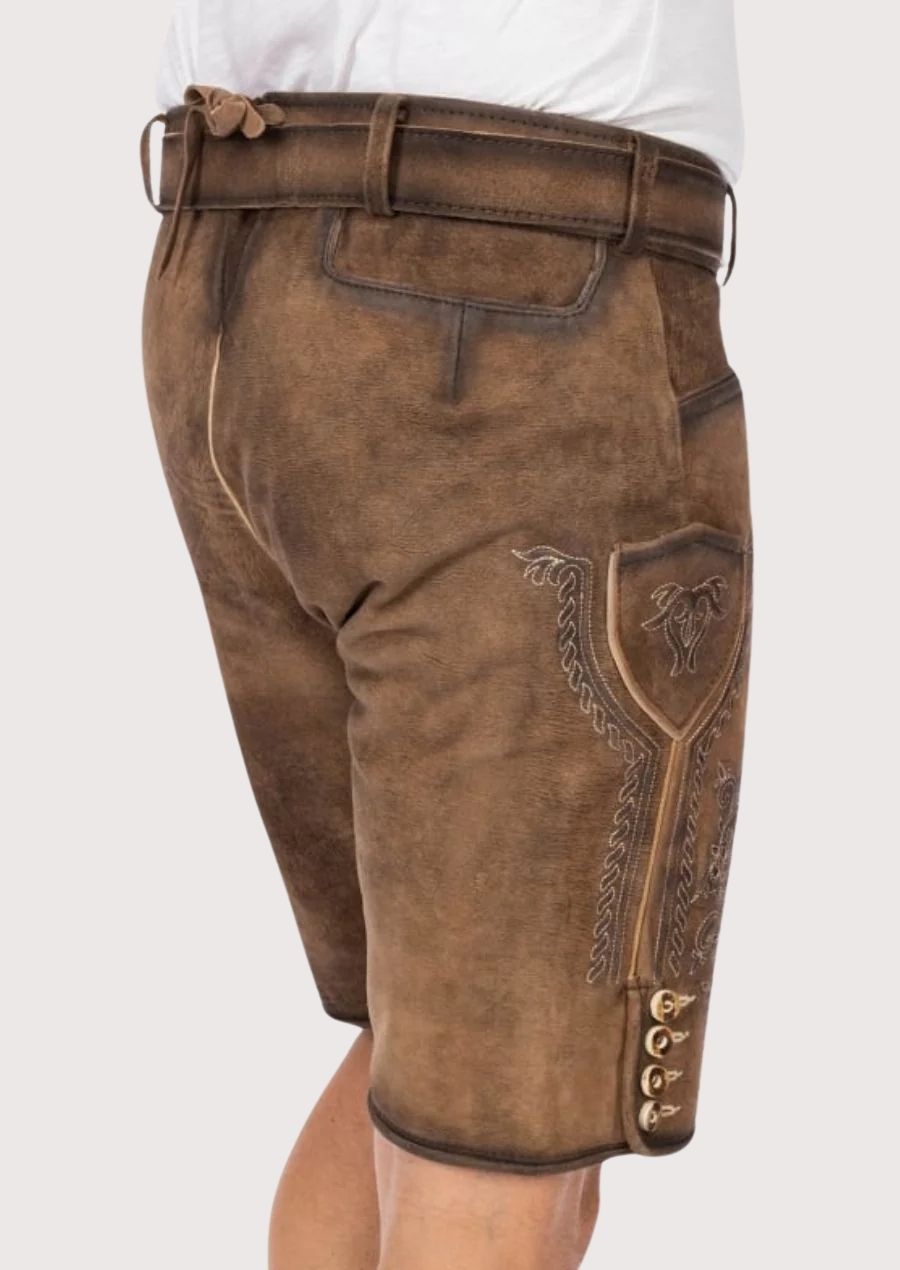 Bavarian-style Lederhosen for men, crafted from premium leather with silver button accents, ideal for traditional German festivals.
