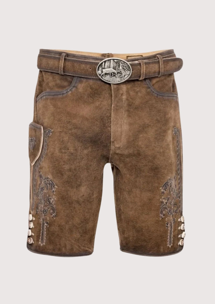 Brown leather shorts with decorative stitching and a belt on a white background