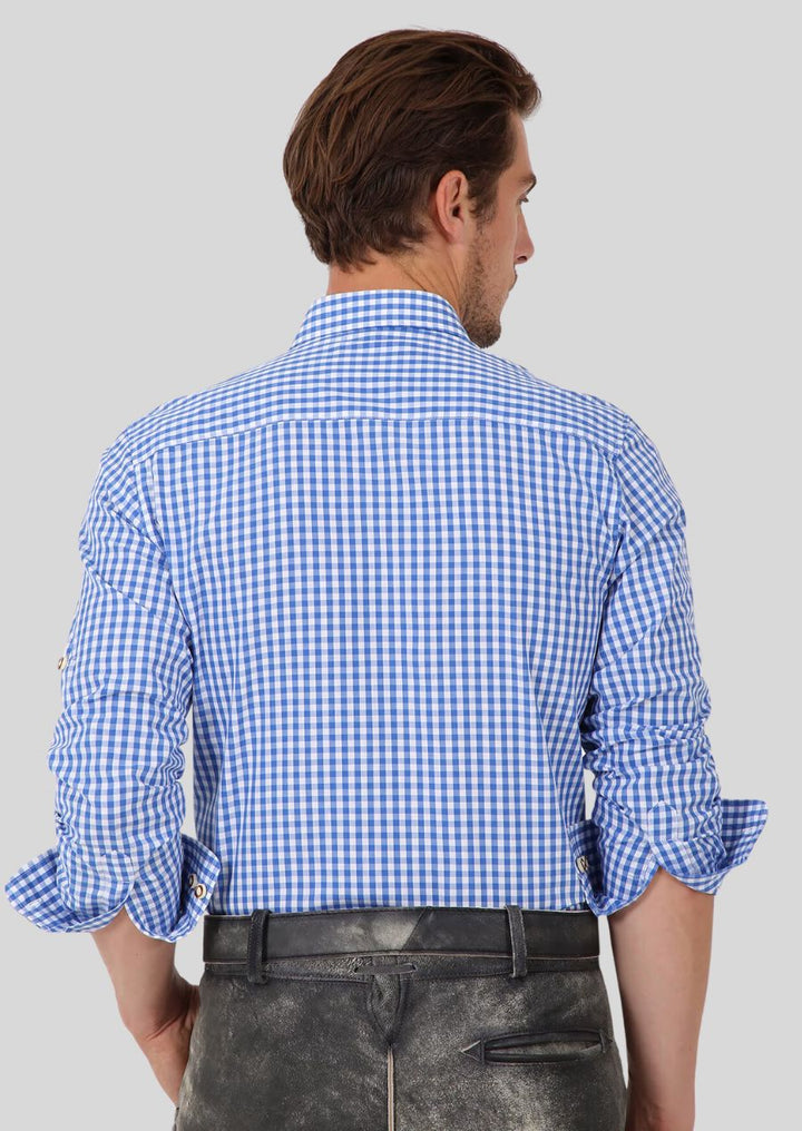 The Oktoberfest Essential: Small German Checked Shirt in Cobalt Blue: Positions it as a must-have for the festive occasion.