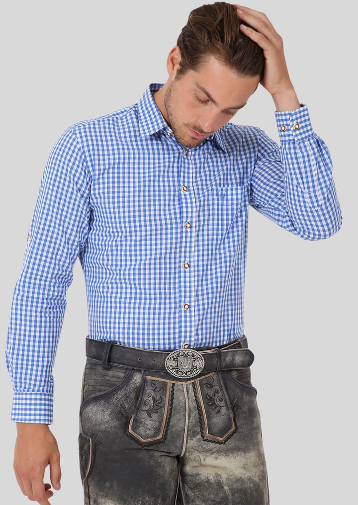 Electric Bavarian Blue: Small Checked Shirt (Slim Fit): Combines the color with Bavarian heritage and highlights a modern fit 