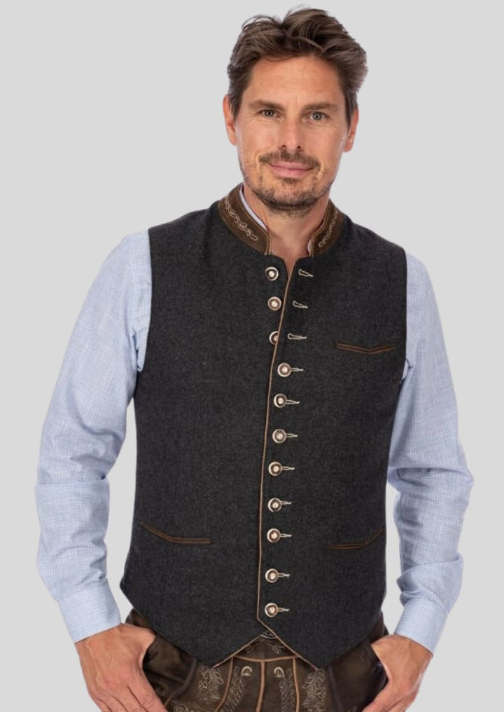 Heritage Black Wool Waistcoat – Luxe Leather Collar Detail