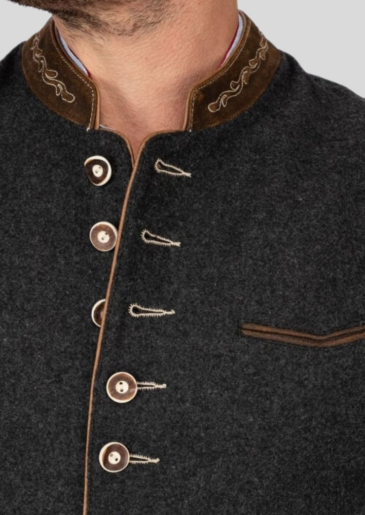 Heritage Black Wool Waistcoat – Luxe Leather Collar Detail