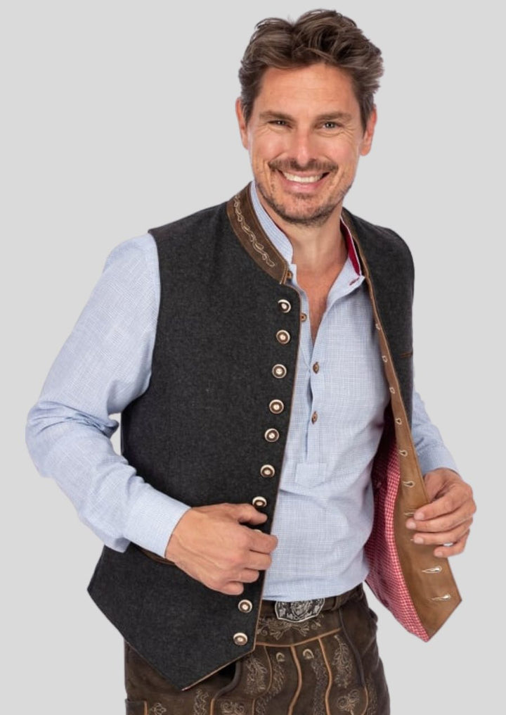 Heritage Black Wool Waistcoat – Luxe Leather Collar Detail
