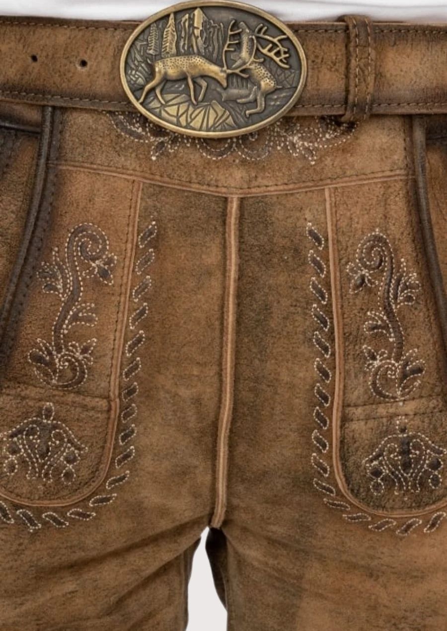 Authentic Bavarian lederhosen with intricate embroidery for Oktoberfest attire.
