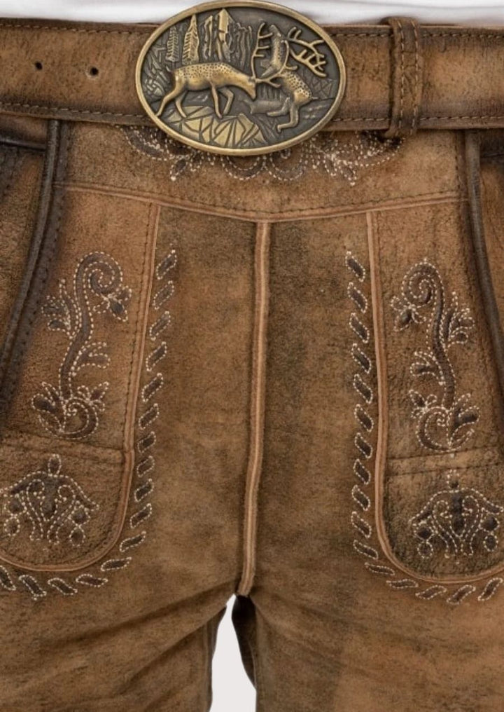 Authentic Bavarian lederhosen with intricate embroidery for Oktoberfest attire.