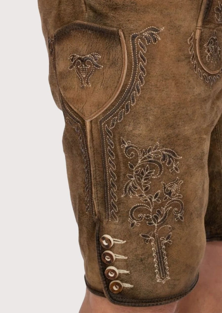 Men’s leather lederhosen with adjustable waistband, perfect Oktoberfest wear.