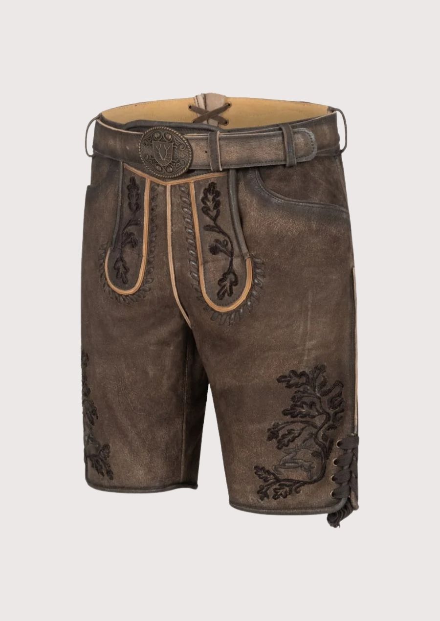Authentic leather men's Lederhosen with floral embroidery for Oktoberfest and cultural festivals.