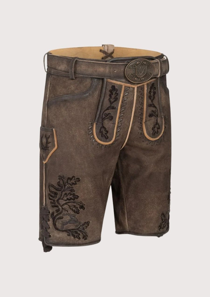 Premium leather men's Lederhosen with adjustable fit and intricate Bavarian embroidery.