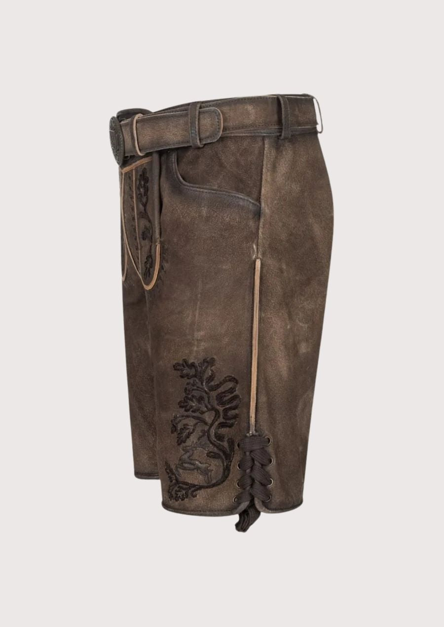 Dark brown Lederhosen for men with floral detailing, ideal for Oktoberfest and traditional events.