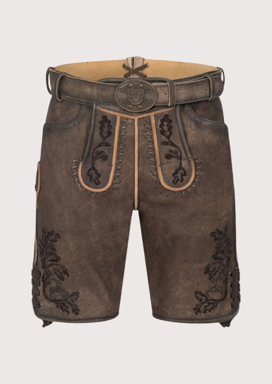 Men's Lederhosen with traditional Bavarian embroidery, perfect for Oktoberfest celebrations.