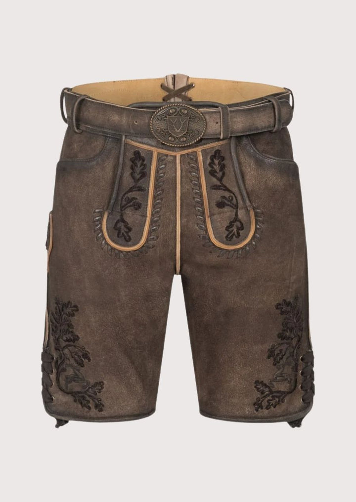 Men's Lederhosen with traditional Bavarian embroidery, perfect for Oktoberfest celebrations.