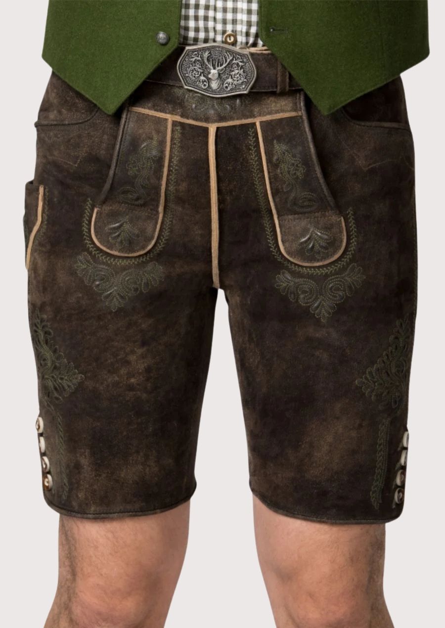Fashion-forward men's Bavarian Lederhosen with rustic belt and vintage buttons