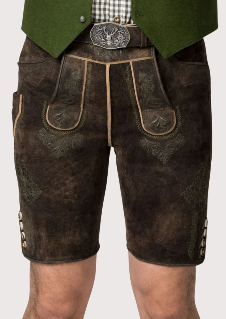 Fashion-forward men's Bavarian Lederhosen with rustic belt and vintage buttons