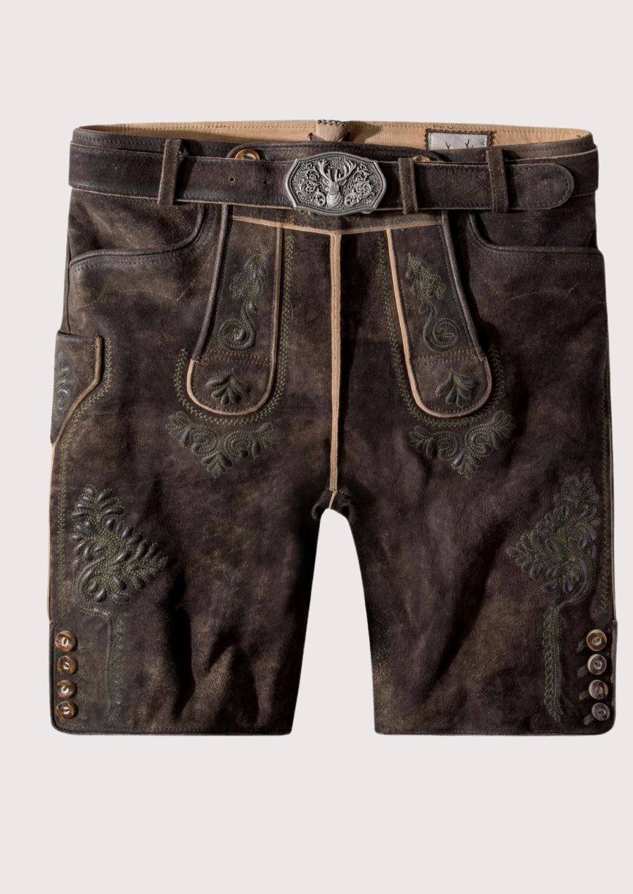 Dark brown traditional German Lederhosen shorts with detailed embroidery for Oktoberfest