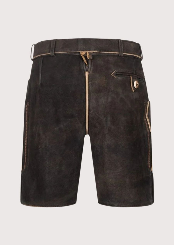 Traditional Bavarian Lederhosen for men featuring high-quality leather and detailed floral stitching for cultural events.