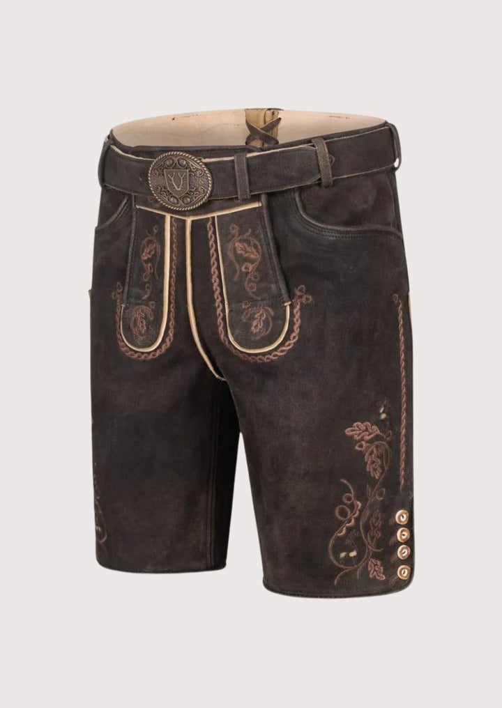 Authentic Bavarian men's Lederhosen made from high-quality leather, featuring floral detailing for traditional celebrations.