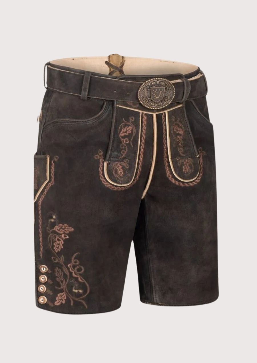 Stylish men's Lederhosen with premium leather and intricate embroidery, perfect for Oktoberfest and Bavarian-themed events.