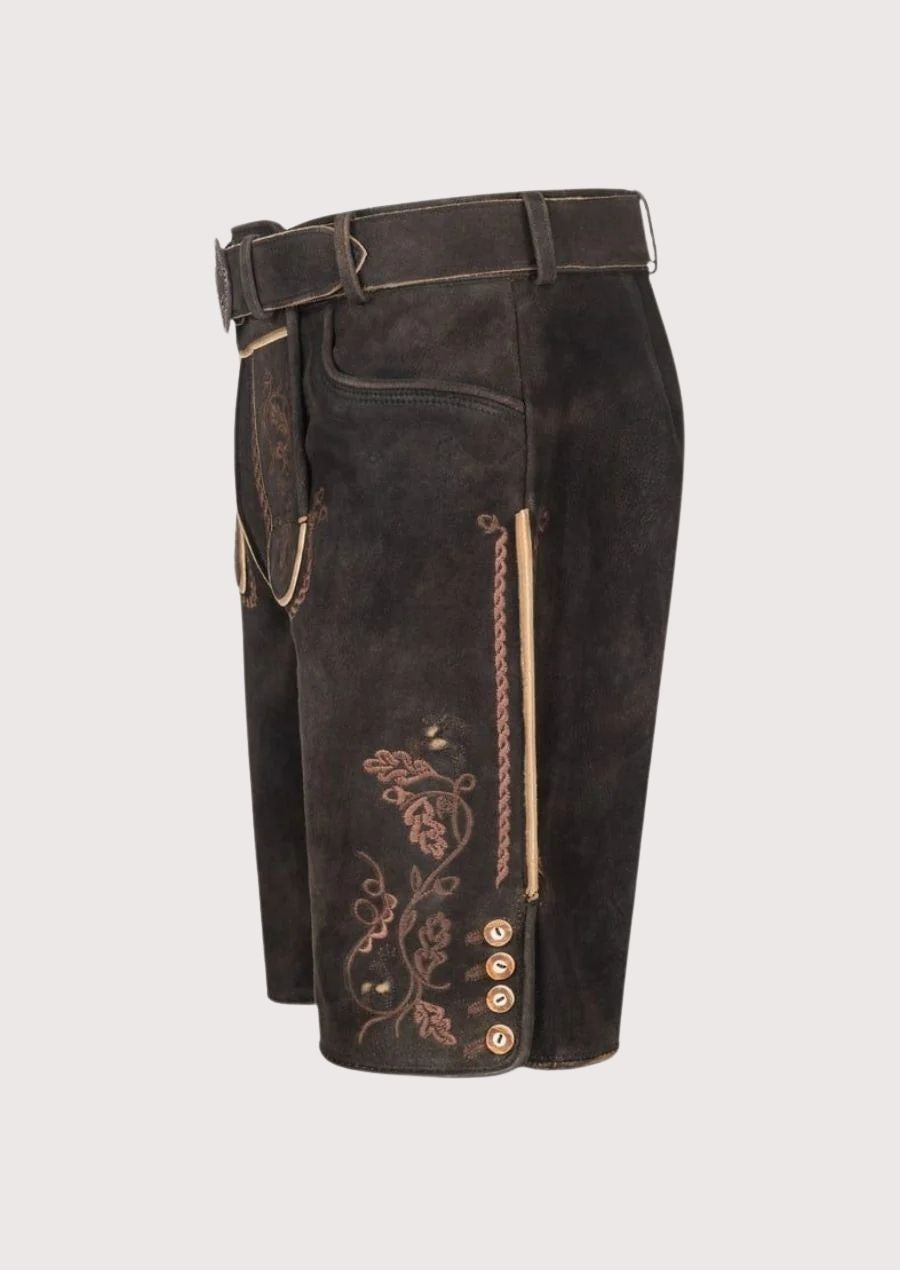 Durable men's Lederhosen with floral embroidery, designed for comfort and style at Oktoberfest and cultural gatherings.